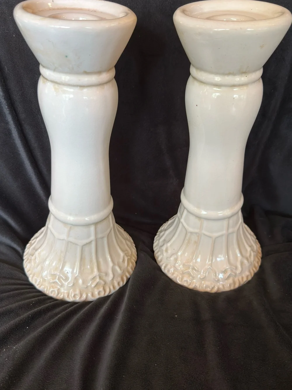 Vintage Pair of White Glazed Ceramic Milk Glass Candlestick Holders